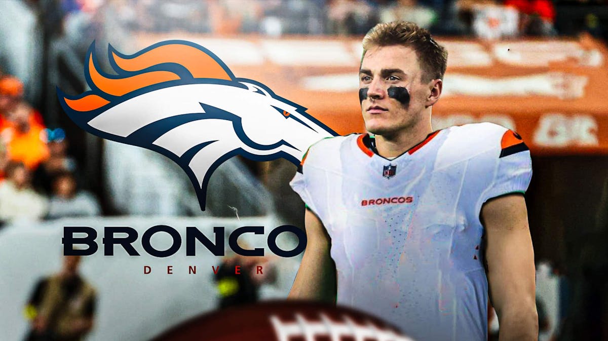 2024 NFL Draft pick Bo Nix in a Denver Broncos jersey, next to the Broncos logo.