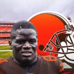 Offensive lineman Germain Ifedi in a Cleveland Browns jersey swap next to the logo for the Cleveland Browns