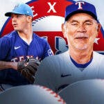Bruce Bochy and Cody Bradford in front of a Rangers logo at Globe Life Field
