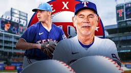 Bruce Bochy and Cody Bradford in front of a Rangers logo at Globe Life Field