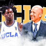 South Dakota State's William Kyle in a UCLA jersey alongside Mick Cronin with the UCLA logo in the background, transfer portal