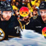 Jake DeBrusk and Charlie Coyle on one side, a bunch of Boston Bruins fans on the other side with angry emojis over their faces