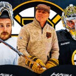 Jim Montgomery in middle, Jeremy Swayman and Linus Ullmark on either side, Boston Bruins logo, 3-5 question marks, hockey rink in background