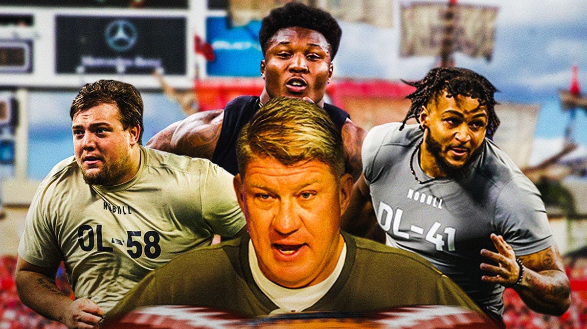 GM Jason Licht in the middle, Jackson Powers-Johnson, Marshawn Kneeland, Malik Washington around him, and Tampa Bay Buccaneers wallpaper in the background