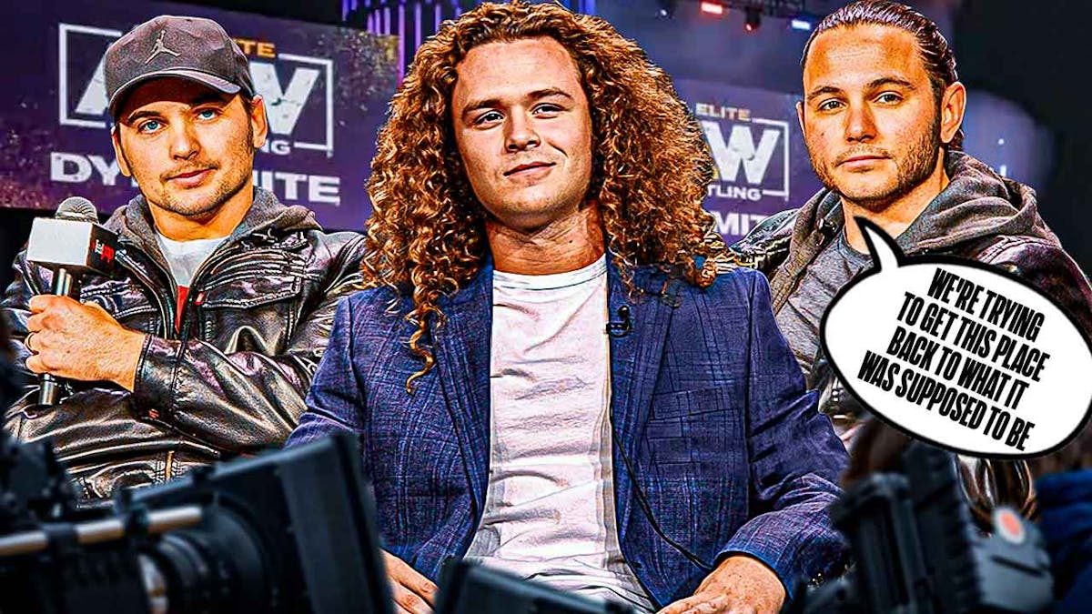 Matthew Jackson of the Young Bucks with a text bubble reading "We're trying to get this place back to what it was supposed to be" nexto to Nicholas Jackson of the Young Bucks and Jack Perry with the AEW logo as the background.