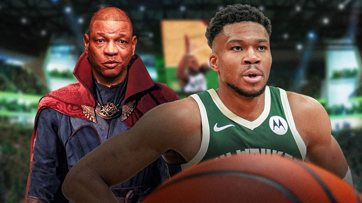 Doc Rivers as Doctor Strange with the time stone while looking at Bucks superstar Giannis Antetokounmpo