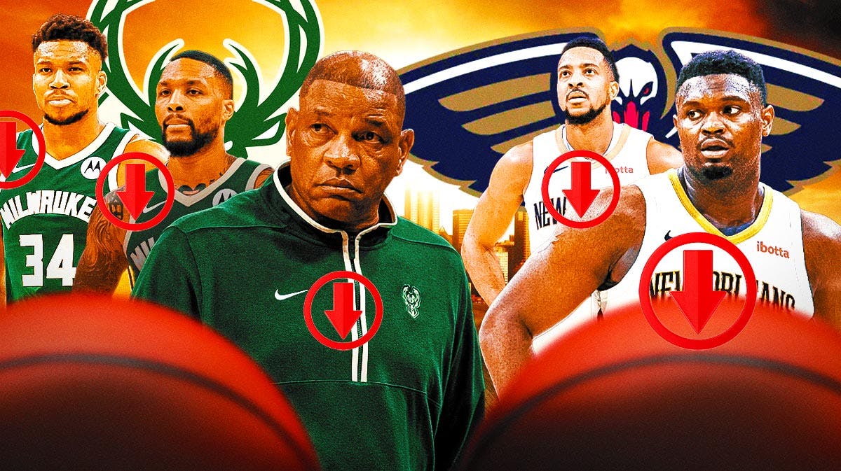 Bucks' Doc Rivers, Giannis Antetokounmpo and Damian Lillard next to Pelicans' CJ McCollum and Zion Williamson with down red arrows