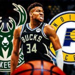 Giannis Antetokounmpo in front of Milwaukee Bucks and Indiana Pacers logos