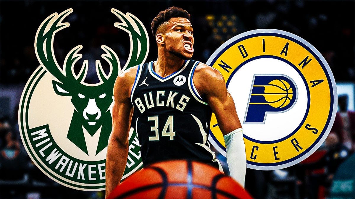 Giannis Antetokounmpo in front of Milwaukee Bucks and Indiana Pacers logos