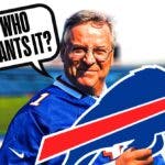Terry Pegula holding the Bills logo saying "who wants it?