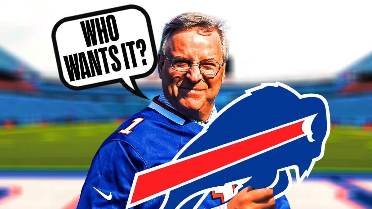Terry Pegula holding the Bills logo saying "who wants it?