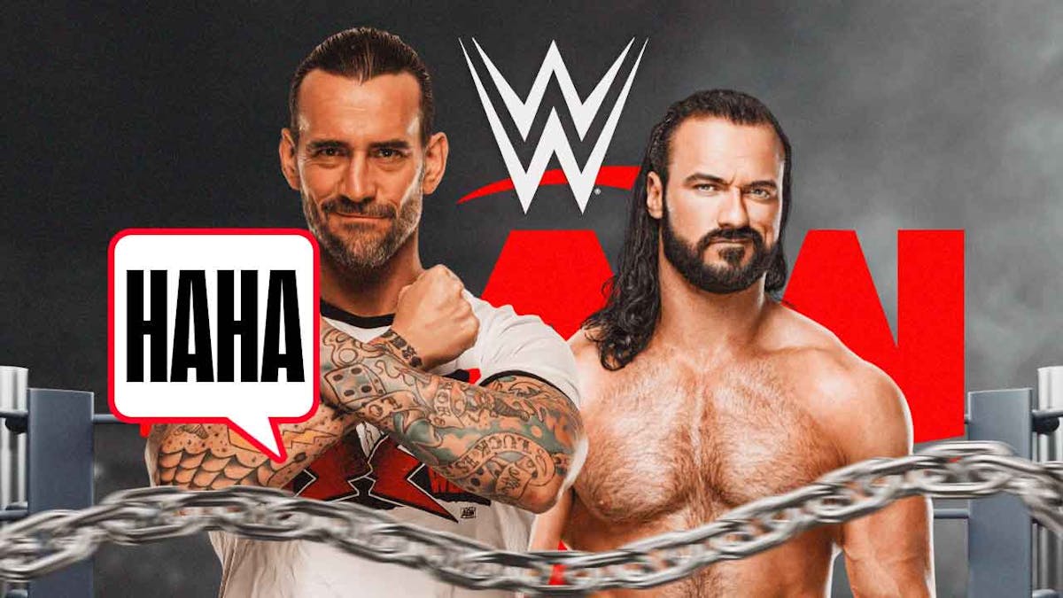 CM Punk with a text bubble reading "Haha" next to Drew McIntyre with the RAW logo as the background.