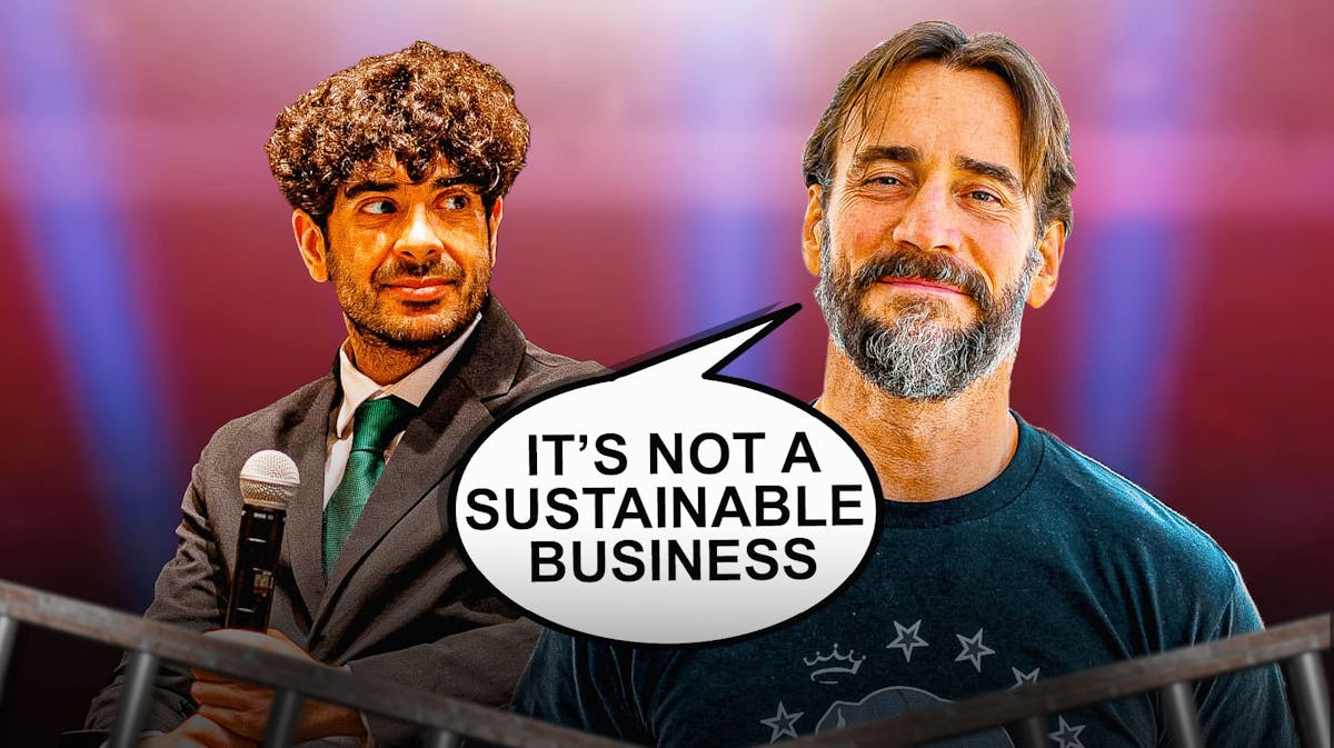 CM Punk with a text bubble reading "It’s not a sustainable business" next to Tony Khan with the AEW logo as the background.