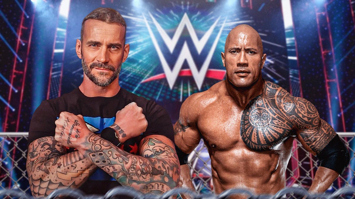 CM Punk next to The Rock with the WWE logo as the background.