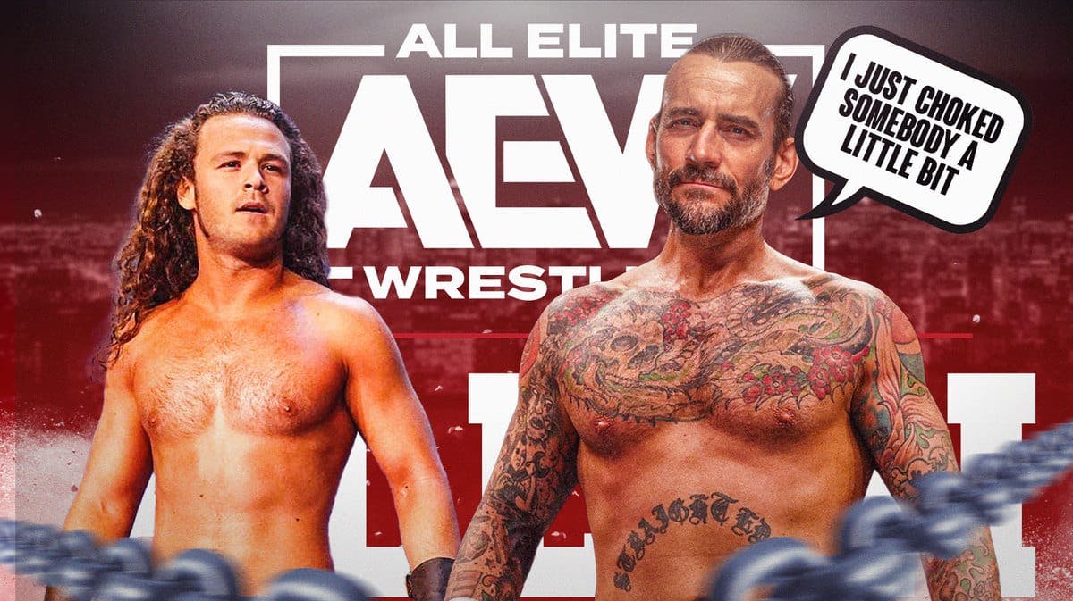 CM Punk with a text bubble reading “I just choked somebody a little bit” next to Jack Perry with the 2023 AEW All In logo as the background.