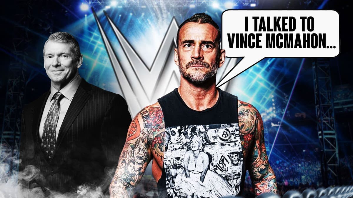 CM Punk with a text bubble reading “I talked to Vince McMahon…” next to a grayed-out Vince McMahon with the WWE logo as the background.