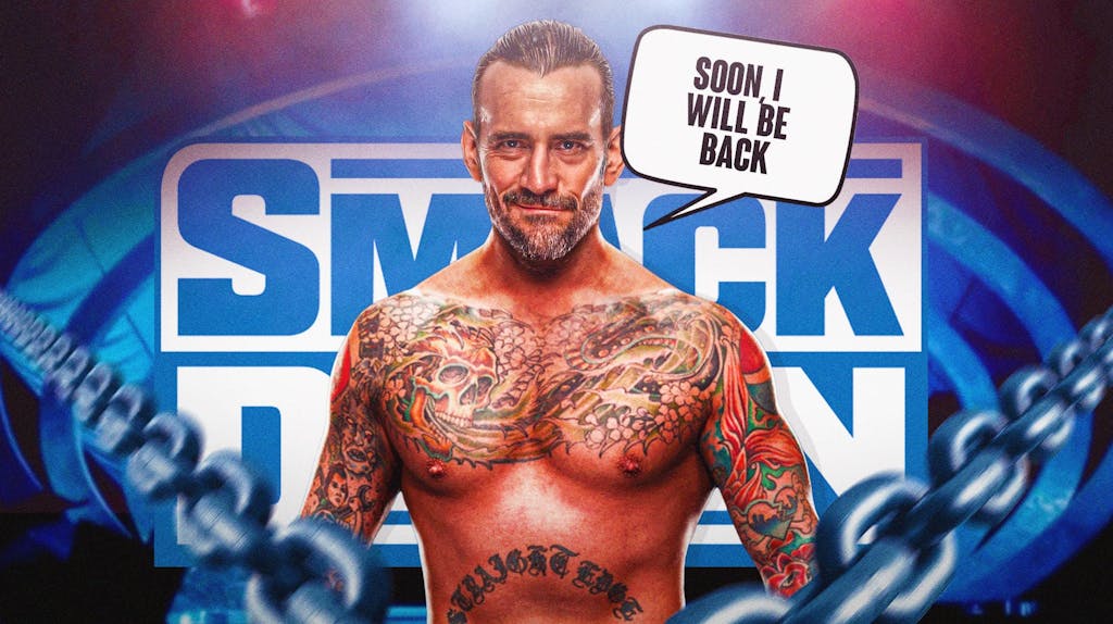 CM Punk with a text bubble reading "Soon, I will be back" with the SmackDown logo as the background.
