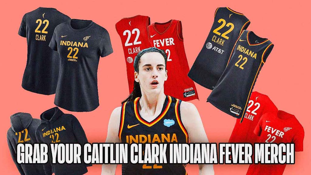 Caitlin Clark wearing Indiana Fever jersey with surrounding Fever merch on a red background.
