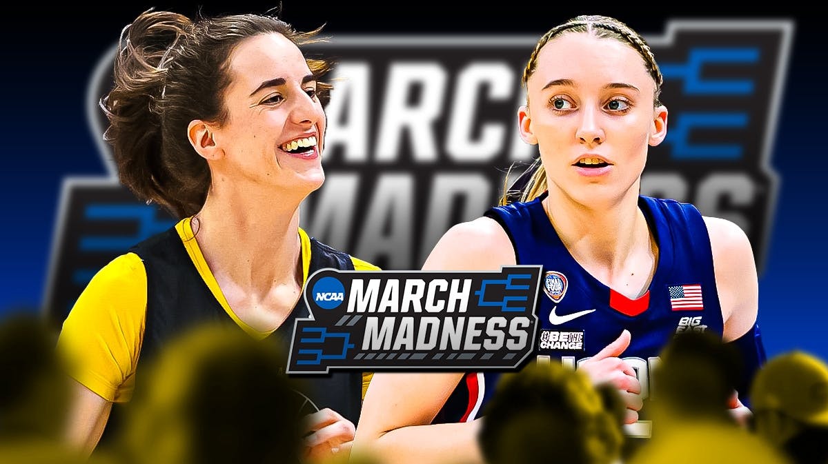 Caitlin Clark and Paige Bueckers side by side. March Madness logo in the background