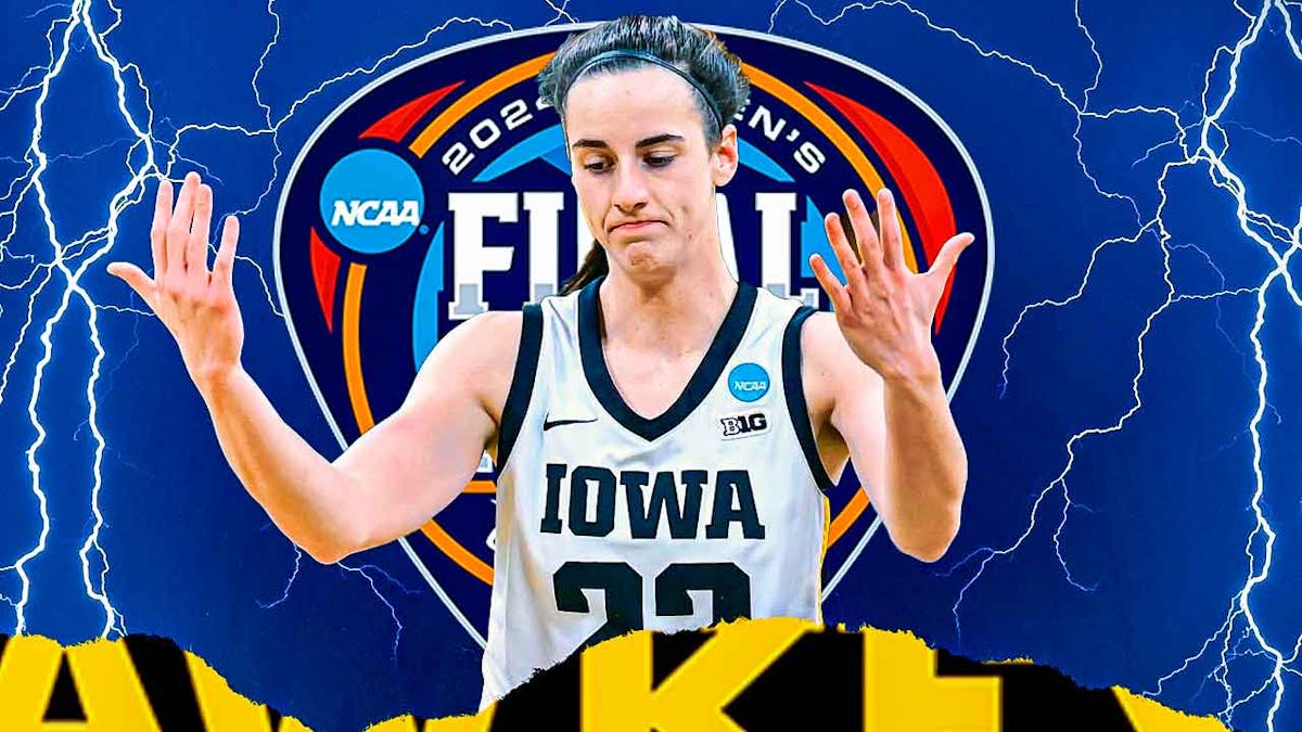 Iowa women's basketball player Caitlin Clark, in action while playing basketball, with the NCAA Women's Division 1 Final Four Logo behind her, and lightening bolts