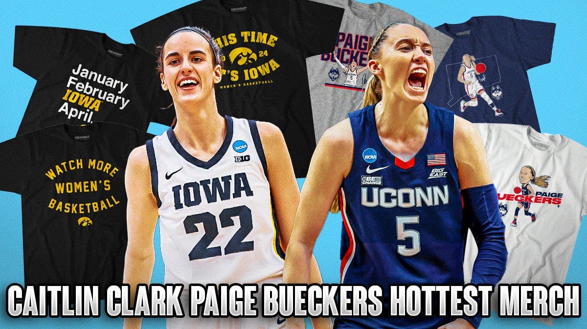 Caitlin Clark Paige Bueckers surrounded by Iowa and Uconn merch on a sky blue background.