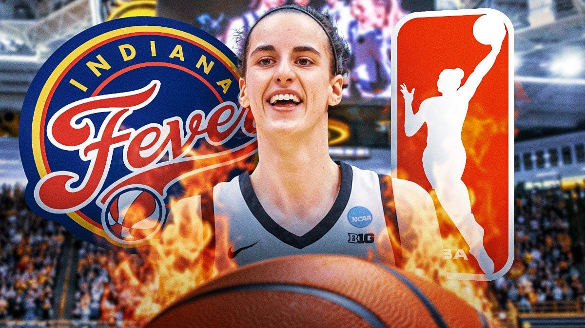 Caitlin Clark stands next to Fever, WNBA logos before the draft