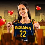 Indiana Fever player Caitlin Clark, with the city of Indianapolis, Indiana behind her, and heart emojis