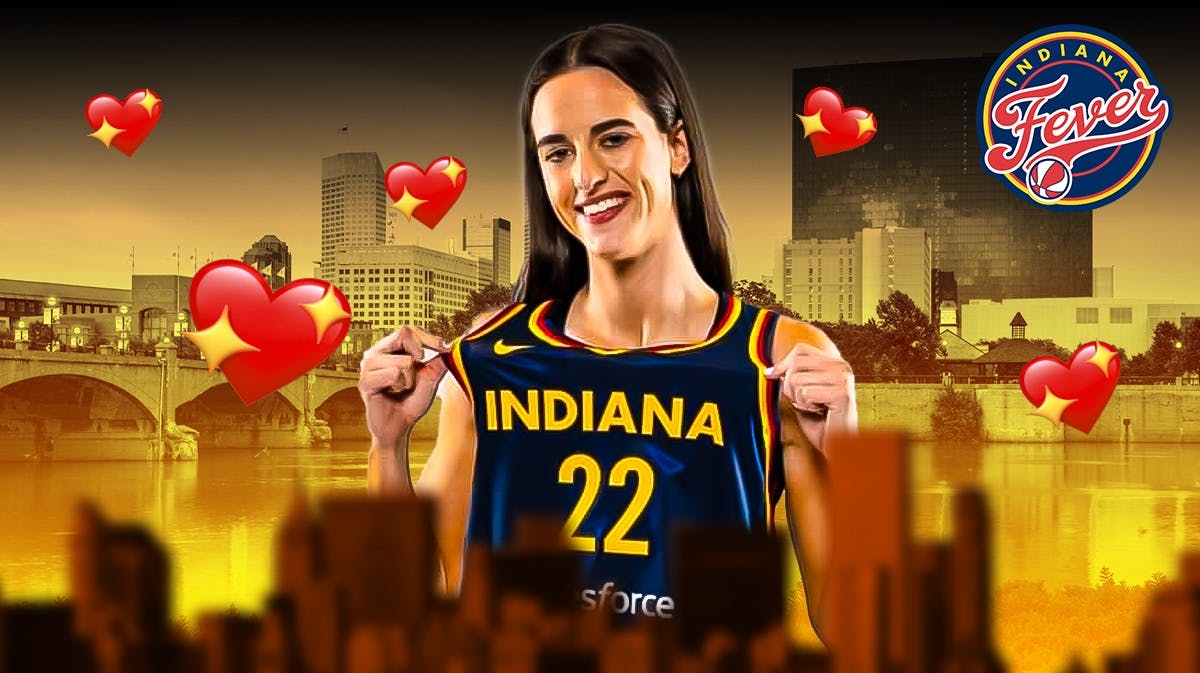 Indiana Fever player Caitlin Clark, with the city of Indianapolis, Indiana behind her, and heart emojis
