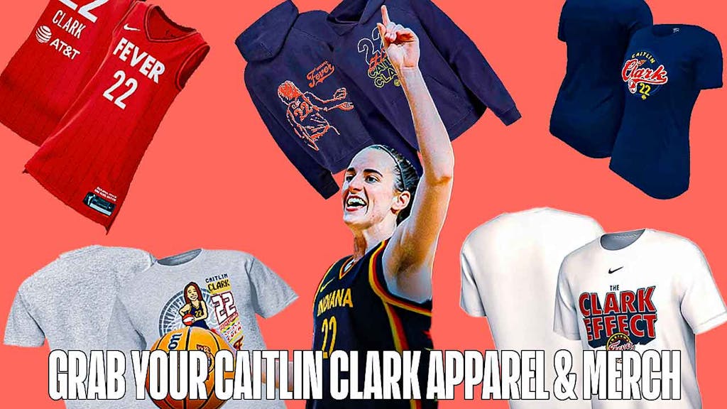 Caitlin Clark wearing an Indiana Fever jersey surrounded by her merch on a red colored background.