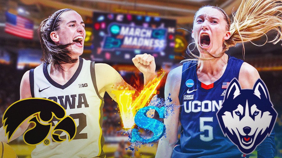 Iowa’s Caitlin Clark and UConn’s Paige Bueckers with the VS logo between them, with the Iowa logo beside Clark and the UConn logo beside Bueckers