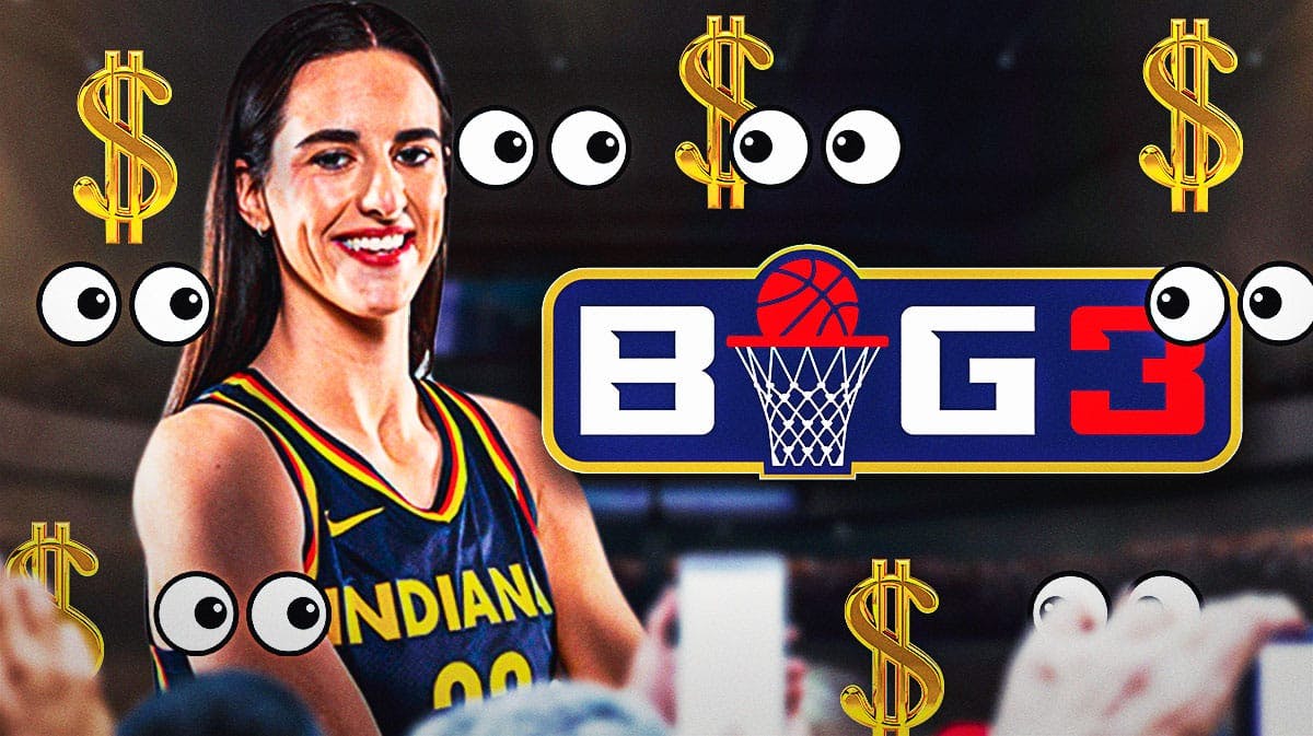 Indiana Fever player Caitlin Clark, with Ice Cube's Big3 logo, as well as dollar bills and the 'eye-popping' emoji
