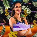 Basketball player Caitlin Clark holds up a shoe. She is surrounded by dollar bills and $ symbols