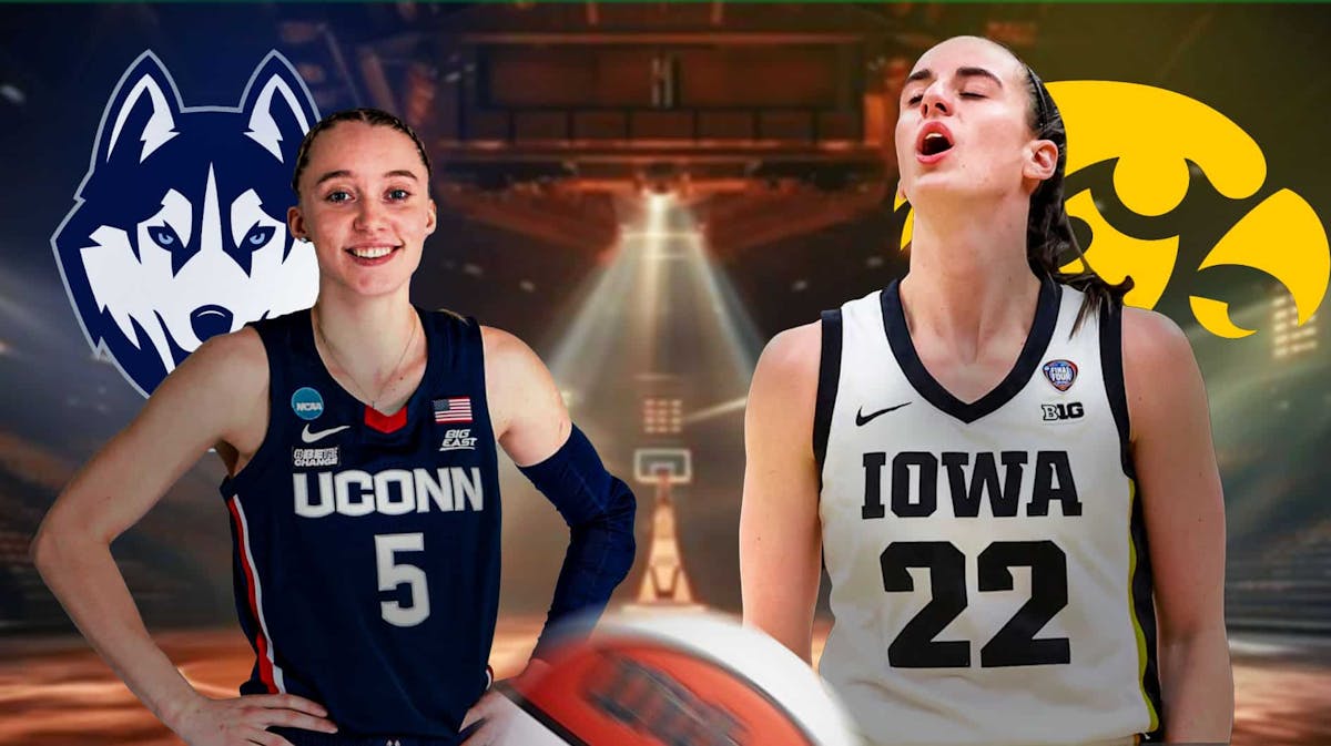 Iowa's Caitlin Clark looking tired, with UConn's Paige Bueckers smiling