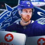 Elias Lindholm in image looking stern, first aid kit, Vancouver Canucks logo, hockey rink in background