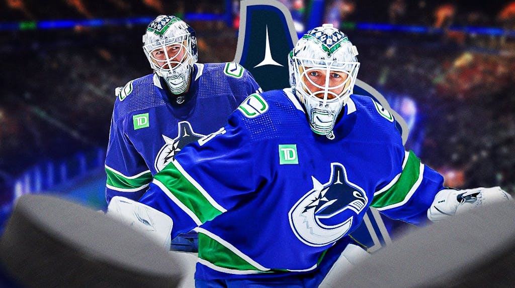 Thatcher Demko in image looking hopeful, Vancouver Canucks logo, hockey rink in background