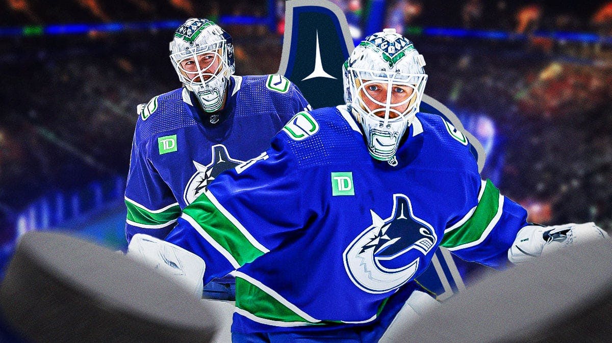 Thatcher Demko in image looking hopeful, Vancouver Canucks logo, hockey rink in background