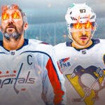 Action shots of Alex Ovechkin (Capitals) and Sidney Crosby (Penguins) each with fire in eyes