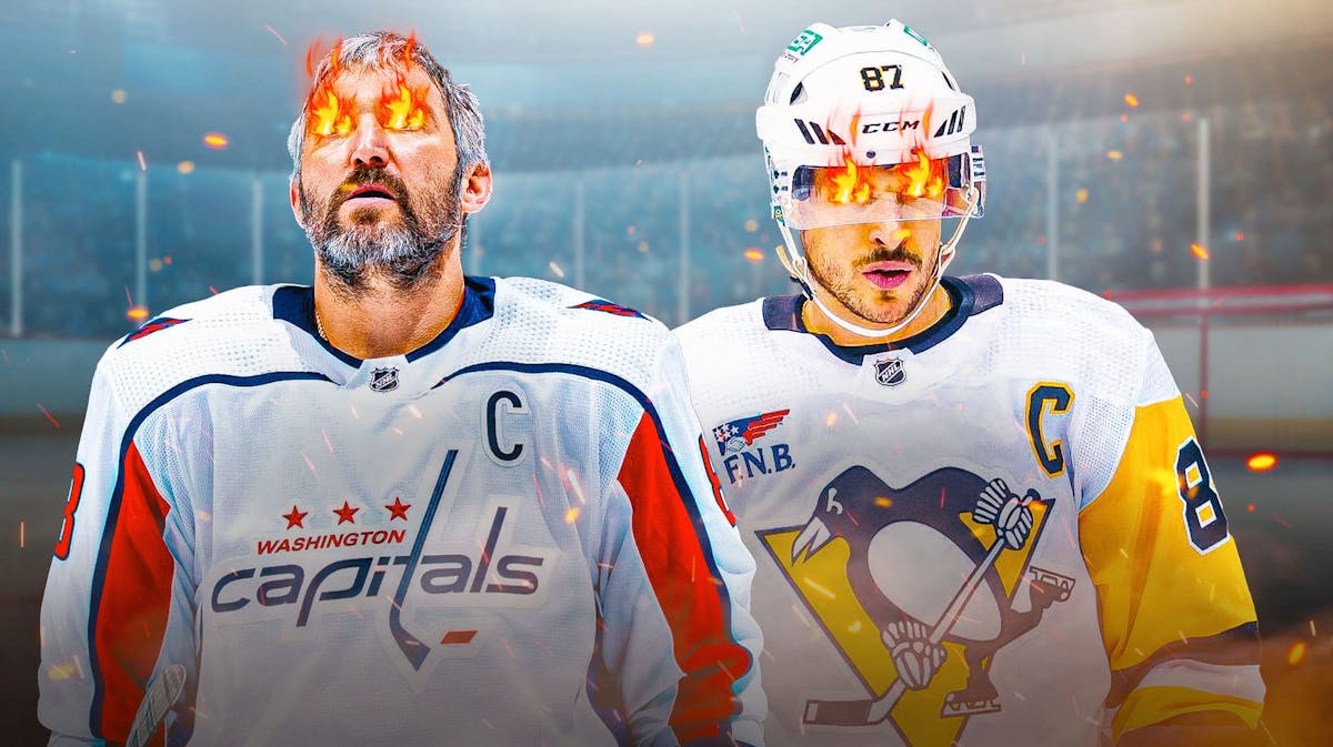 Action shots of Alex Ovechkin (Capitals) and Sidney Crosby (Penguins) each with fire in eyes