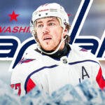 TJ Oshie in middle of image looking stern, Washington Capitals logo, hockey rink in background