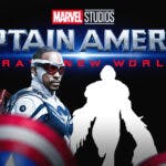 Anthony Mackie and silhouette of Danny Ramirez as Falcon with MCU Captain America 4 (Brave New Yorld) logo.