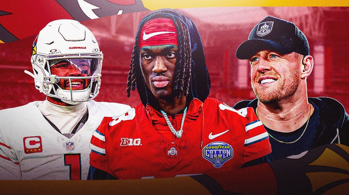 Cardinals' Marvin Harrison Jr., Kyler Murray, JJ Watt stand next to NFL Draft logo