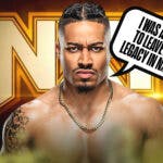Carmelo Hayes with a text bubble reading "I was able to leave a legacy in NXT" with the NXT logo as the background.