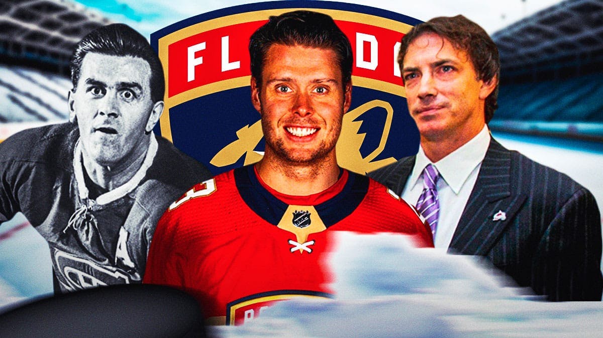 Carter Verhaeghe in middle of image looking happy with fire around him, Maurice Richard and Joe Sakic on either side, FLA Panthers logo, hockey rink in background