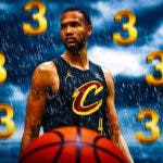 Cavs Evan Mobley with a stormcloud raining three's behind him