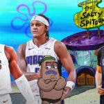 Cavs' Donovan Mitchell being denied access to the Salty Spittoon rom Spongebob by Magic players Paolo Banchero and Franz Wagner