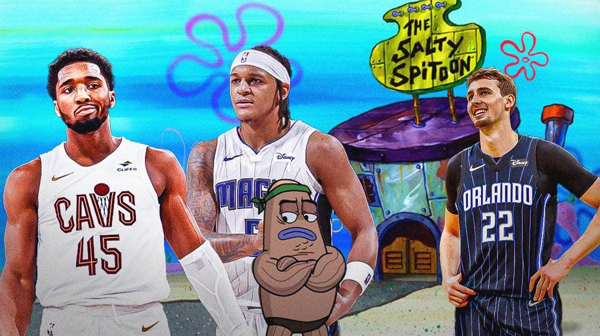 Cavs' Donovan Mitchell being denied access to the Salty Spittoon rom Spongebob by Magic players Paolo Banchero and Franz Wagner