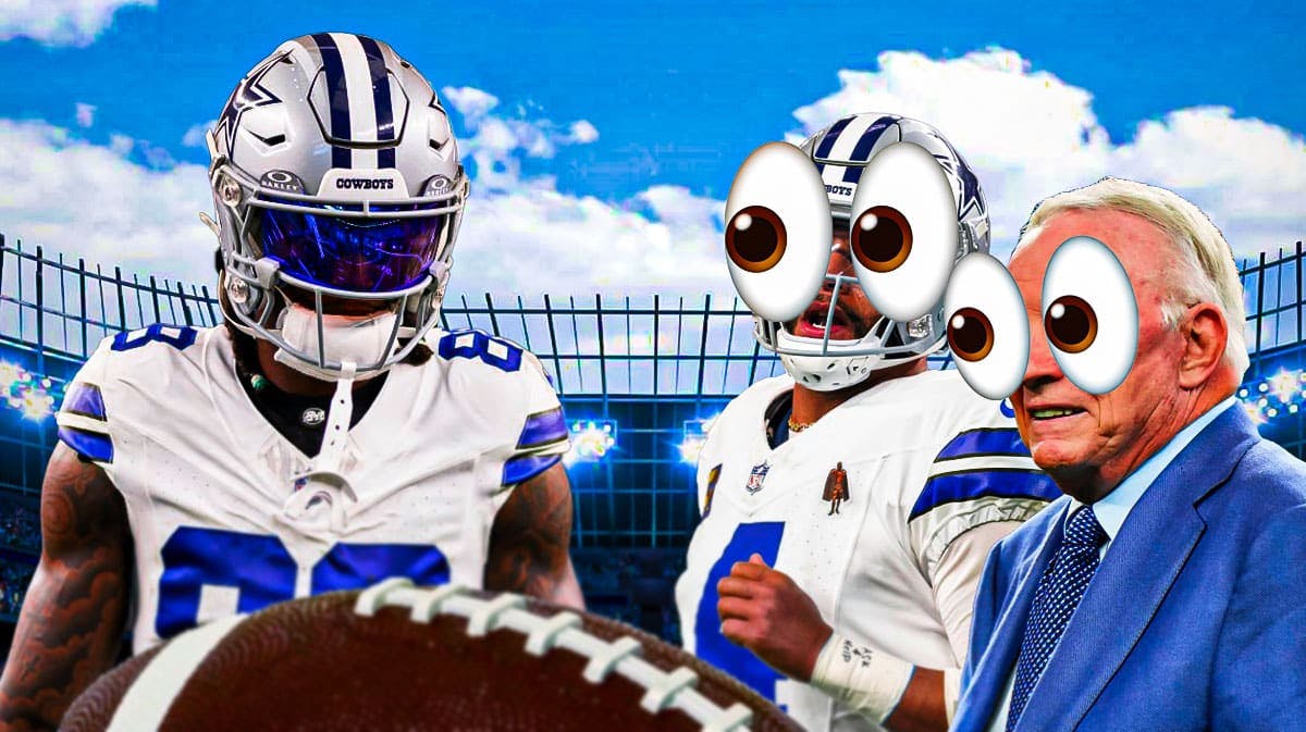 CeeDee Lamb on one side, Dak Prescott and Jerry Jones on the other side with the big eyes emoji over their faces