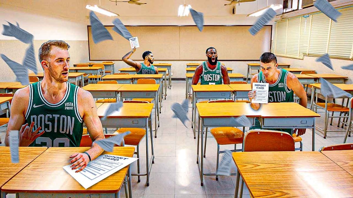 image idea: Celtics' Jayson Tatum and Jaylen Brown next to Sam Hauser and Payton Pritchard with report cards around them (could be in a classroom background). they're all looking happy/hyped