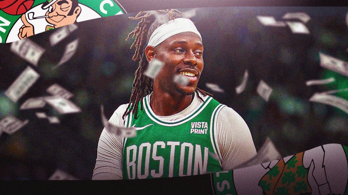 Jrue Holiday in Celtics jersey and with money falling around him