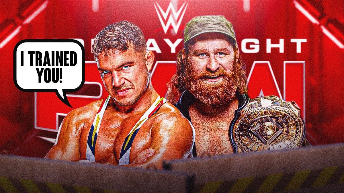Chad Gable with a text bubble reading "I trained you!" next to Sami Zayn with the RAW logo as the background.
